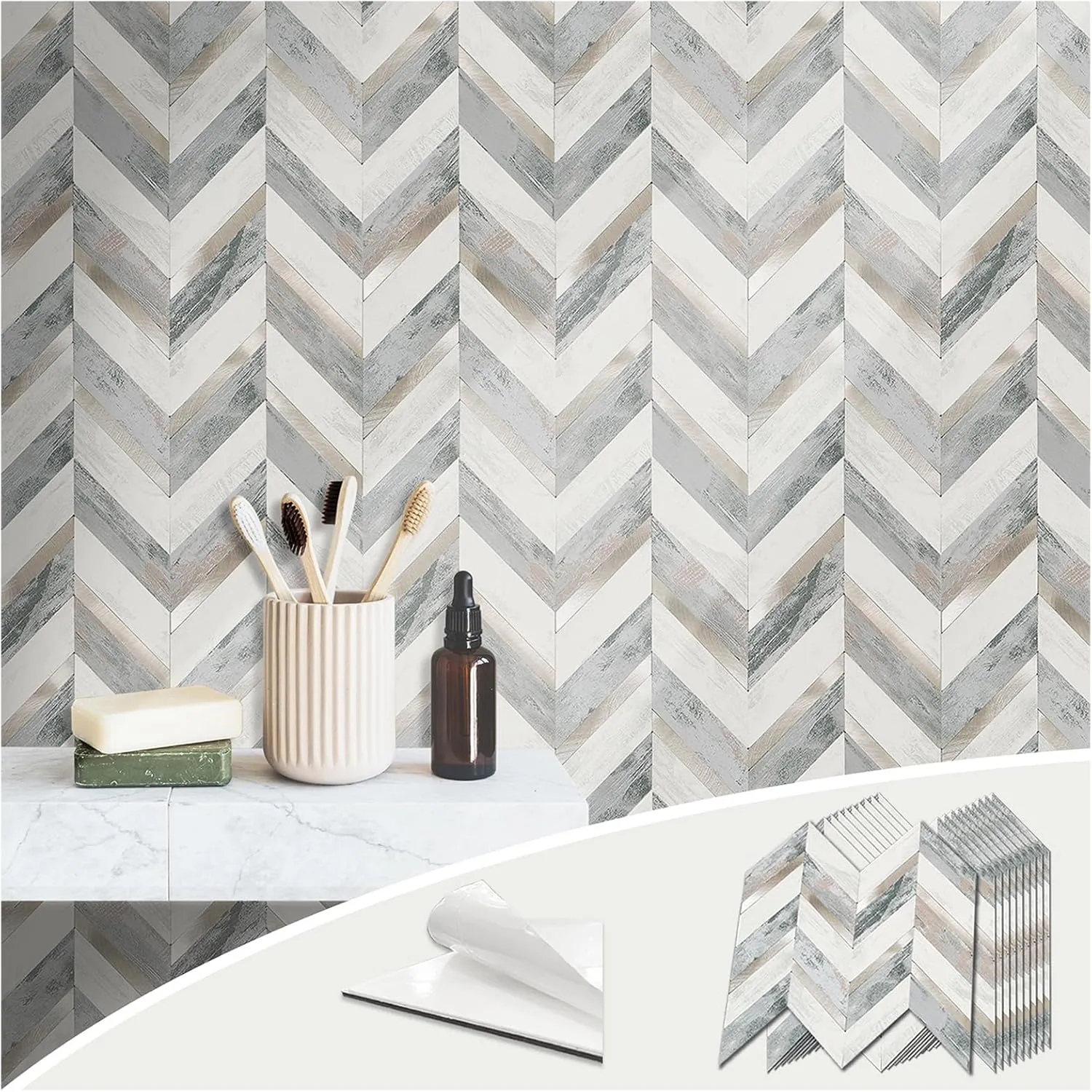 10 Sheet Peel and Stick Backsplash for Kitchen, Self-Adhesive Wall Tile, Chevron PVC Mixed Brushed Metal Mosaic, Classic Mottled Texture