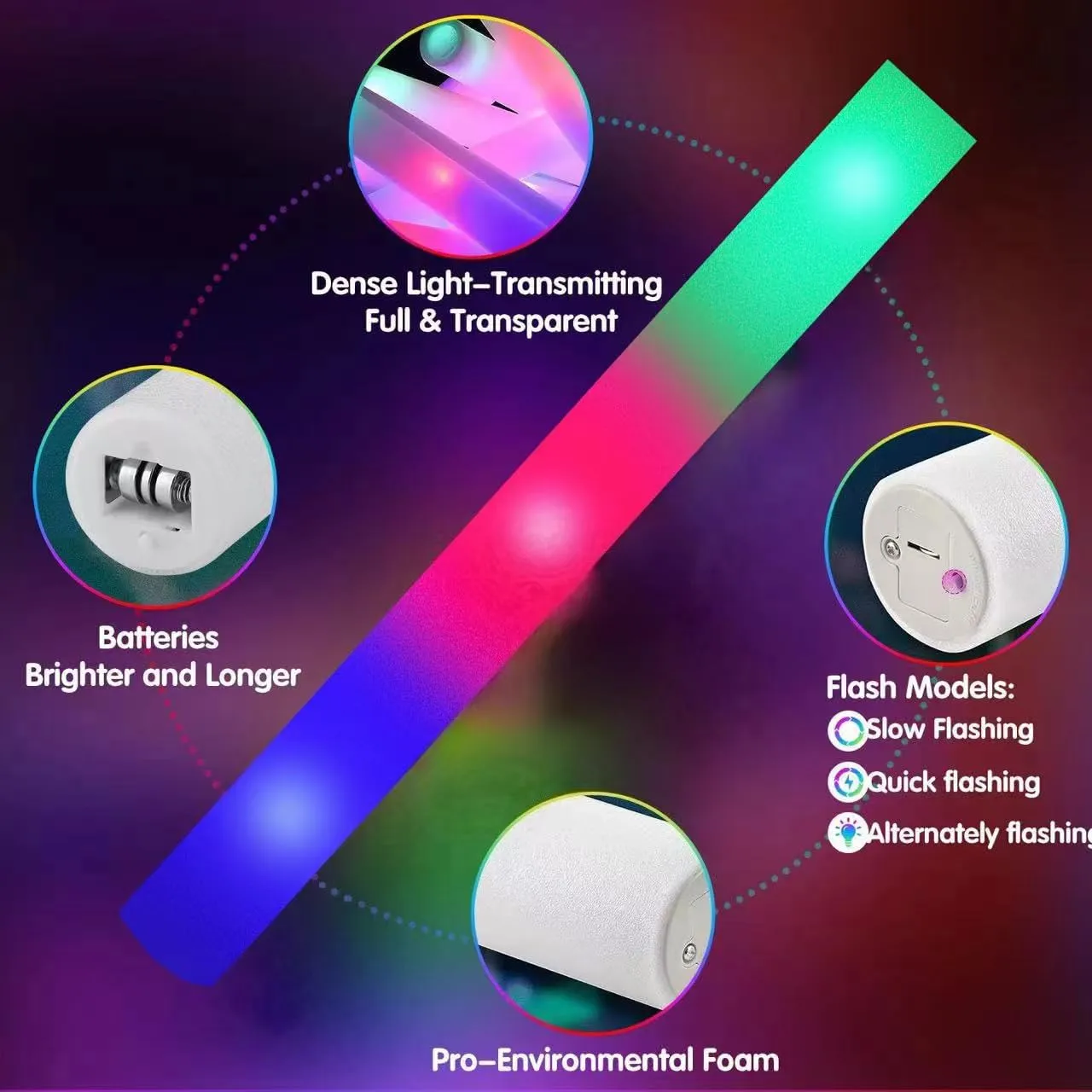 105 PCS LED Foam Glow Sticks, Glow Sticks Bulk Party Pack with 3 Modes Colorful Flashing, Glow in The Dark Party Supplies, Light Up Foam Sticks for Wedding, Glow Party, Birthday, Raves, Concert