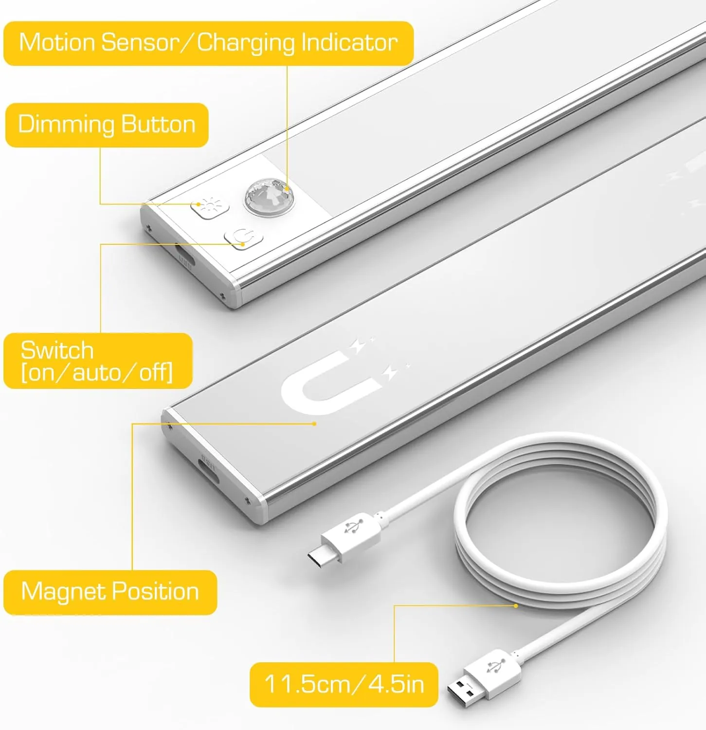 2 Pack Under Cabinet Lights, 52 LED Warm White Rechargeable Under Cabinet Lighting Motion Sensor LED Lights for Kitchen, Counter, Closet, Stairs (Silver - Warm White Light, 12.2 Inch - 2 Pack)