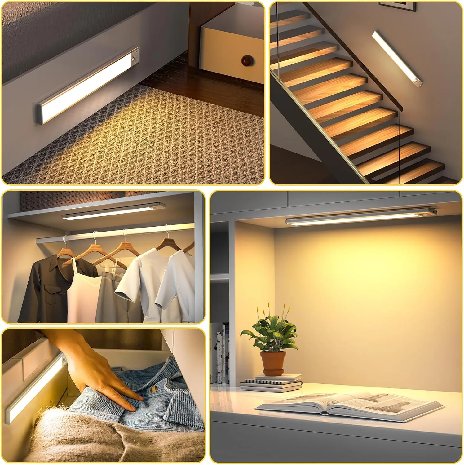 2 Pack Under Cabinet Lights, 52 LED Warm White Rechargeable Under Cabinet Lighting Motion Sensor LED Lights for Kitchen, Counter, Closet, Stairs (Silver - Warm White Light, 12.2 Inch - 2 Pack)