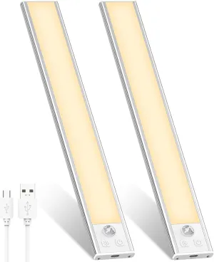 2 Pack Under Cabinet Lights, 52 LED Warm White Rechargeable Under Cabinet Lighting Motion Sensor LED Lights for Kitchen, Counter, Closet, Stairs (Silver - Warm White Light, 12.2 Inch - 2 Pack)