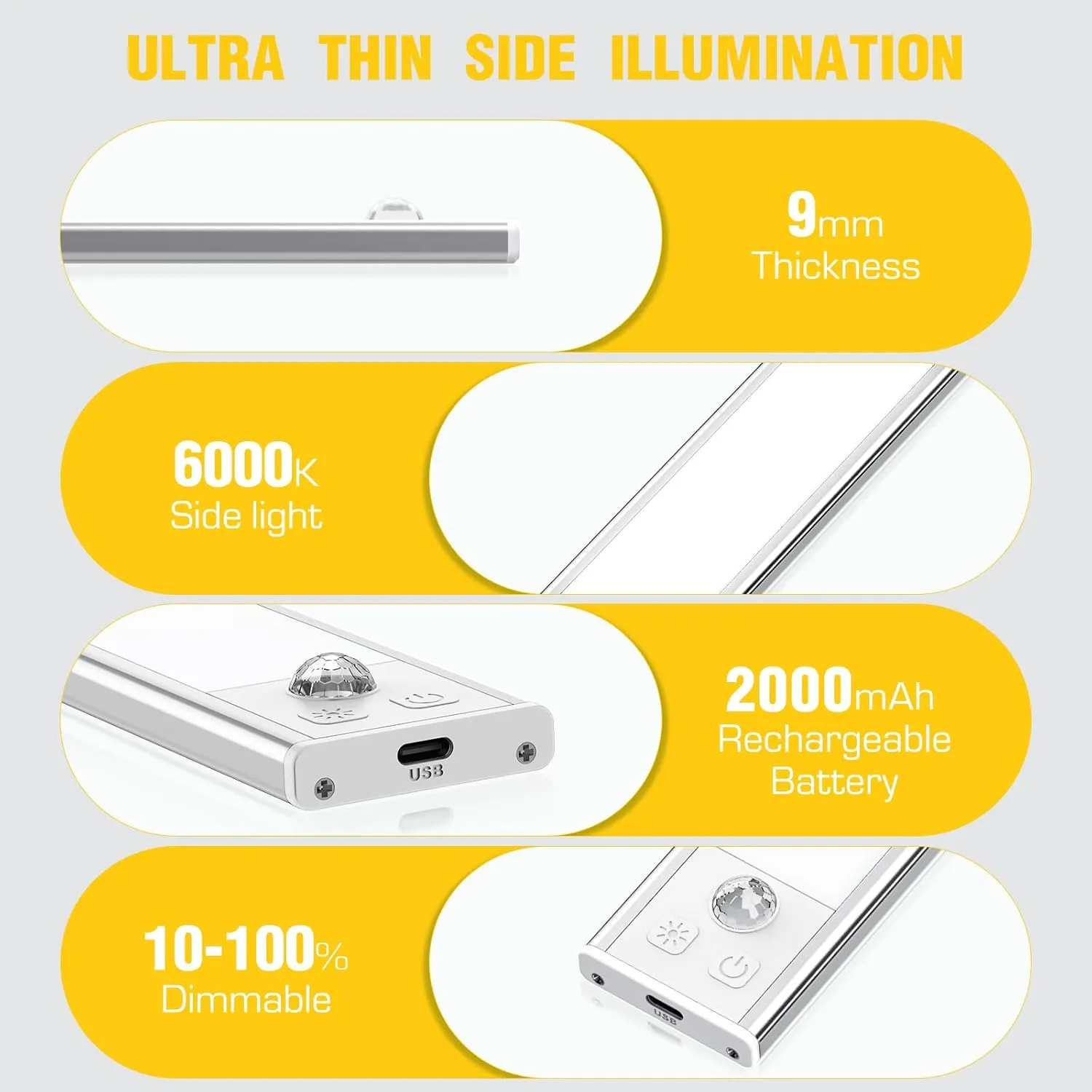 2 Pack Under Cabinet Lights, 52 LED Warm White Rechargeable Under Cabinet Lighting Motion Sensor LED Lights for Kitchen, Counter, Closet, Stairs (Silver - Warm White Light, 12.2 Inch - 2 Pack)