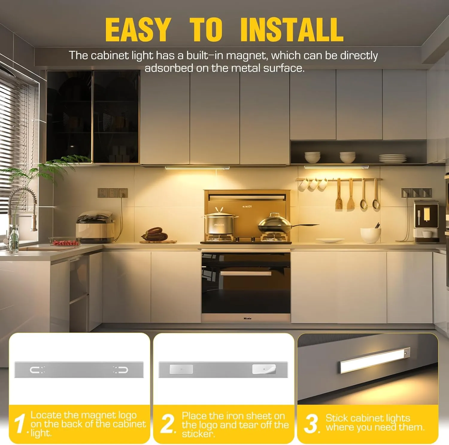 2 Pack Under Cabinet Lights, 52 LED Warm White Rechargeable Under Cabinet Lighting Motion Sensor LED Lights for Kitchen, Counter, Closet, Stairs (Silver - Warm White Light, 12.2 Inch - 2 Pack)