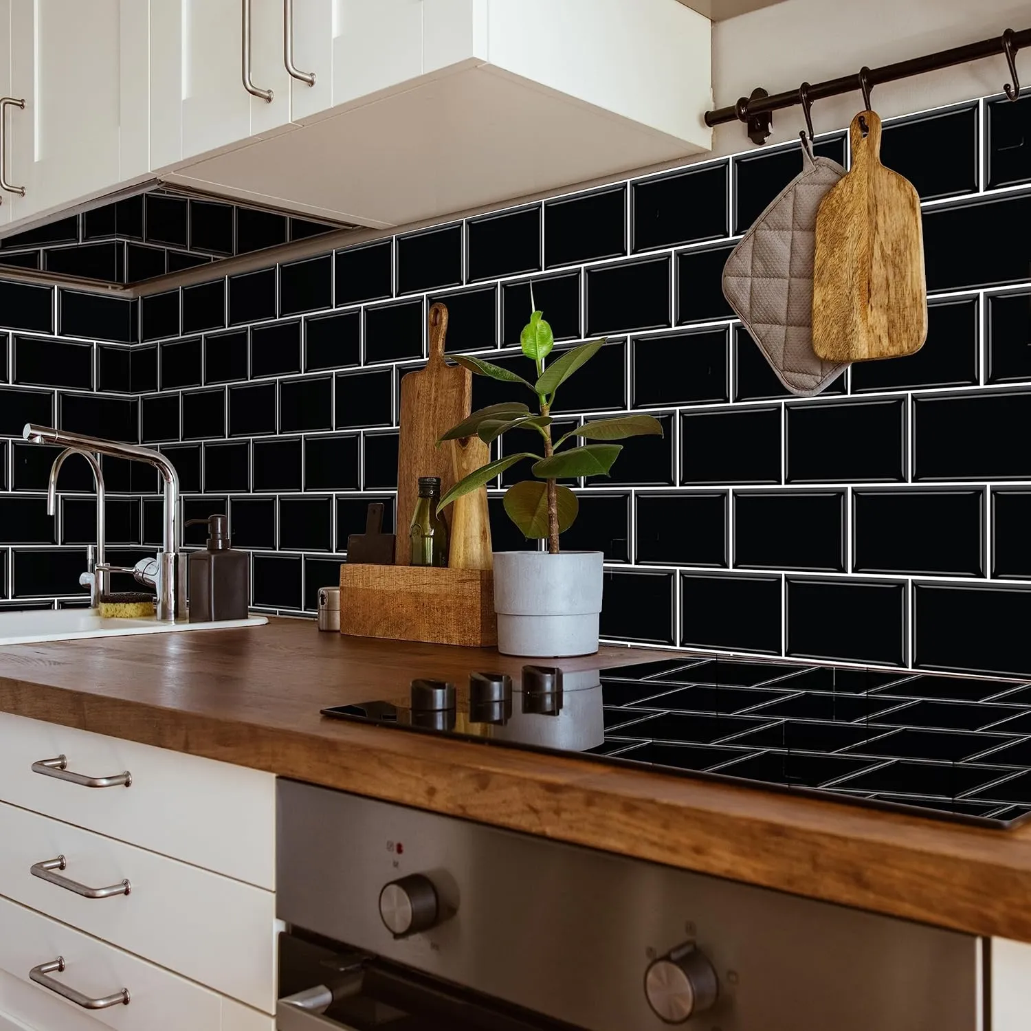 20 Sheets Peel and Stick Kitchen Backsplash Tile Stickers Self Adhesive Stick on Subway Tile 12" x 6" Bathroom Splashback Water Heat Resistant 3D Wall Tiles Black Metro Subway Glossy