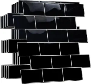 20 Sheets Peel and Stick Kitchen Backsplash Tile Stickers Self Adhesive Stick on Subway Tile 12" x 6" Bathroom Splashback Water Heat Resistant 3D Wall Tiles Black Metro Subway Glossy
