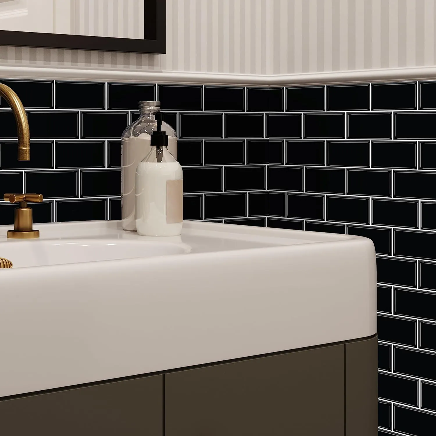 20 Sheets Peel and Stick Kitchen Backsplash Tile Stickers Self Adhesive Stick on Subway Tile 12" x 6" Bathroom Splashback Water Heat Resistant 3D Wall Tiles Black Metro Subway Glossy