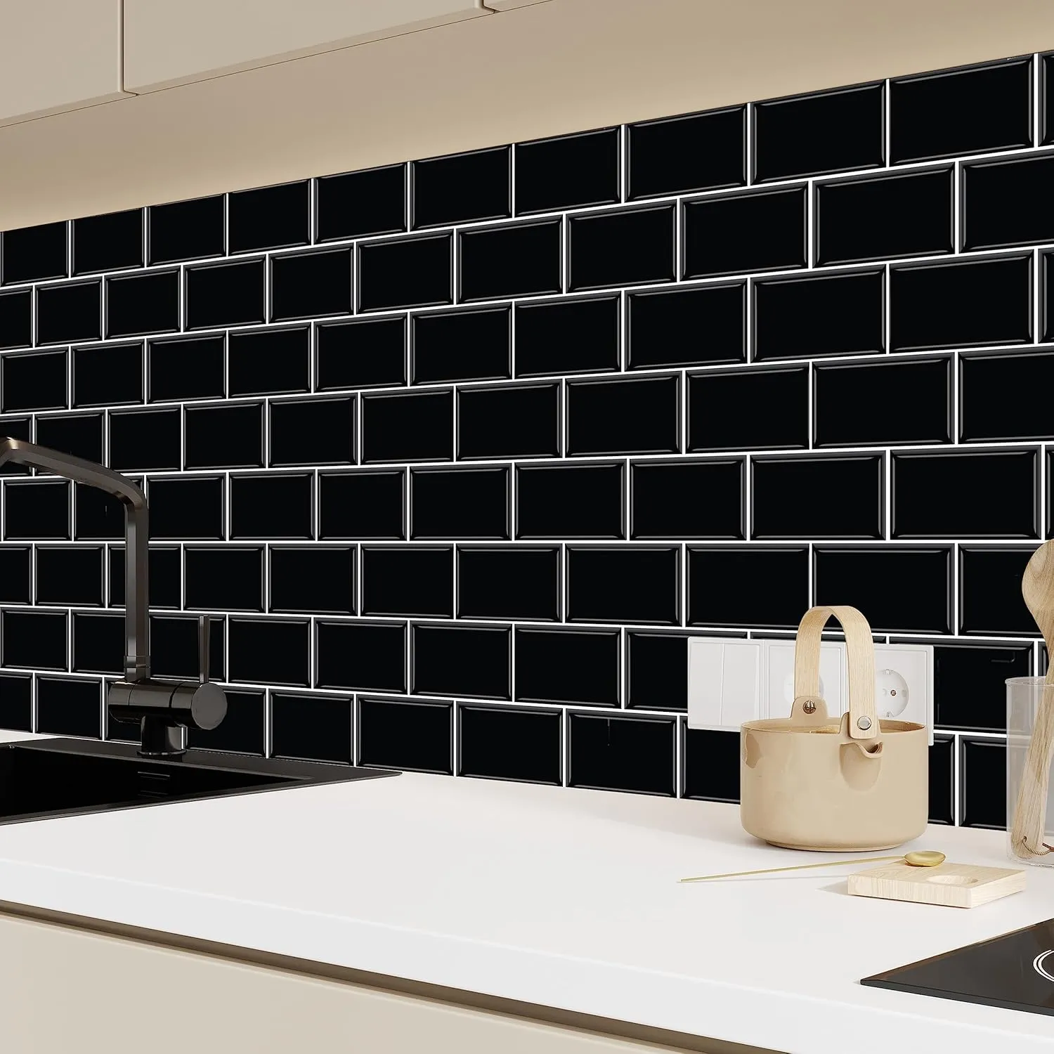 20 Sheets Peel and Stick Kitchen Backsplash Tile Stickers Self Adhesive Stick on Subway Tile 12" x 6" Bathroom Splashback Water Heat Resistant 3D Wall Tiles Black Metro Subway Glossy