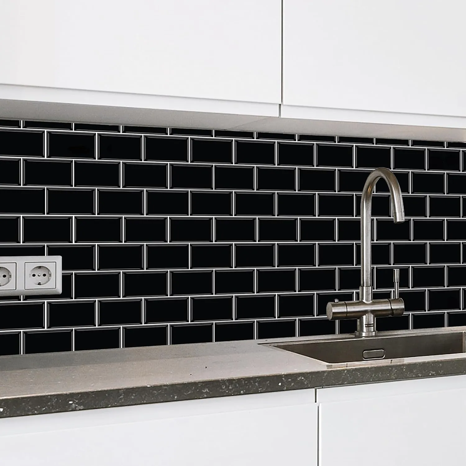 20 Sheets Peel and Stick Kitchen Backsplash Tile Stickers Self Adhesive Stick on Subway Tile 12" x 6" Bathroom Splashback Water Heat Resistant 3D Wall Tiles Black Metro Subway Glossy
