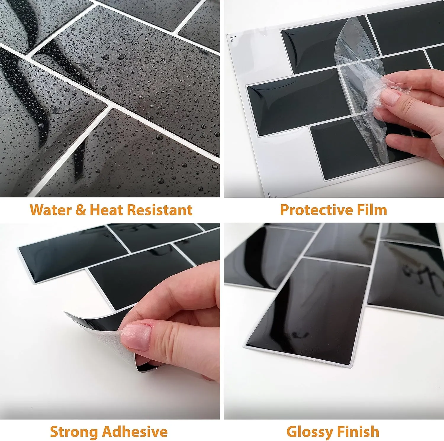 20 Sheets Peel and Stick Kitchen Backsplash Tile Stickers Self Adhesive Stick on Subway Tile 12" x 6" Bathroom Splashback Water Heat Resistant 3D Wall Tiles Black Metro Subway Glossy