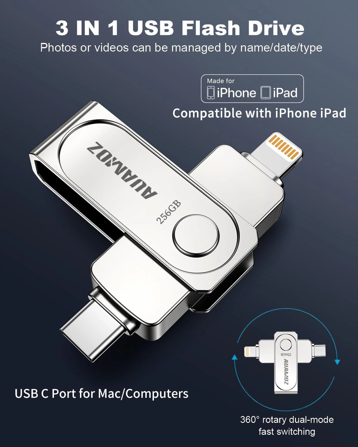 256GB Flash Drive Intended for iPhone, Memory Stick Storage Files Photos Videos Backup, Compatible with iPhone iPad Android PC, Plug and Play, No Application Required (Metal Silver)