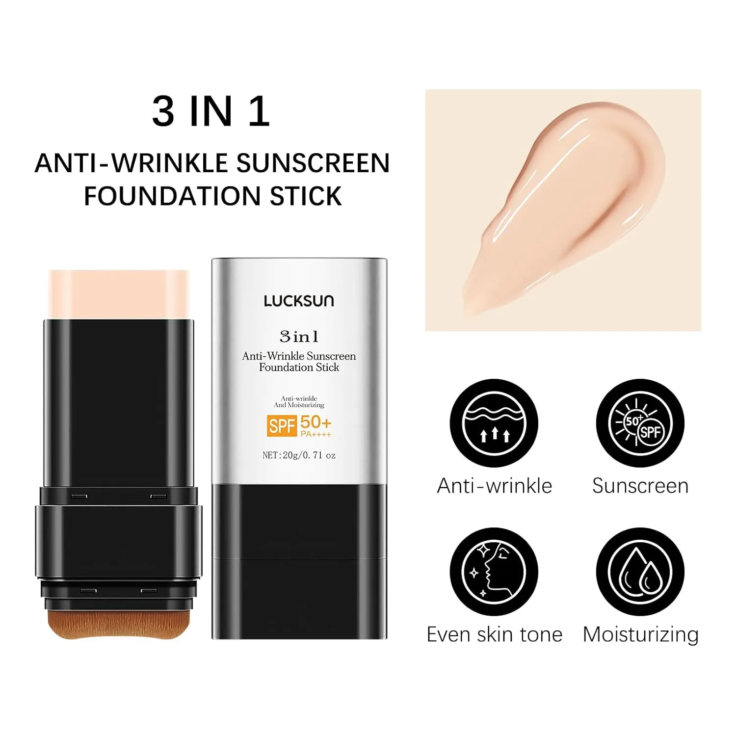 3-in-1 Anti-Wrinkle   Broad Spectrum SPF 50 Foundation Stick - Full Coverage, Flawless Finish, Lightweight Liquid Texture (#001, 0.71 Fl Oz (Pack of 1))