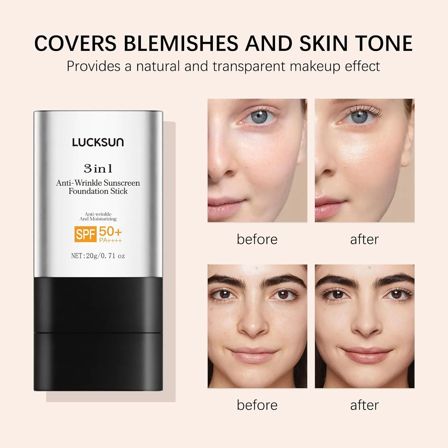 3-in-1 Anti-Wrinkle   Broad Spectrum SPF 50 Foundation Stick - Full Coverage, Flawless Finish, Lightweight Liquid Texture (#001, 0.71 Fl Oz (Pack of 1))