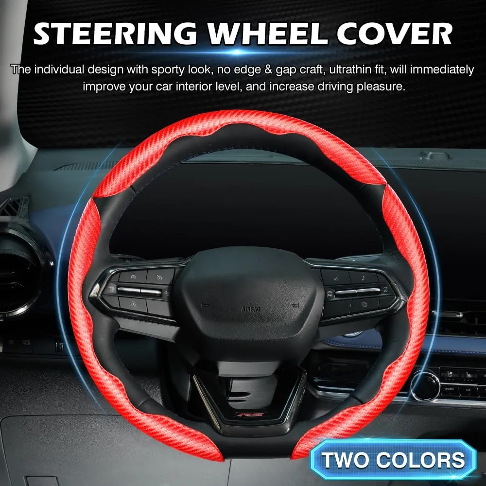 3 Piece Carbon Fiber Steering Wheel Cover, Car Steering Wheel Cover for Men/Women, Anti-Slip, Comfortable Grip, Durable, Universal for 99% Car Interior Accessories (Red)