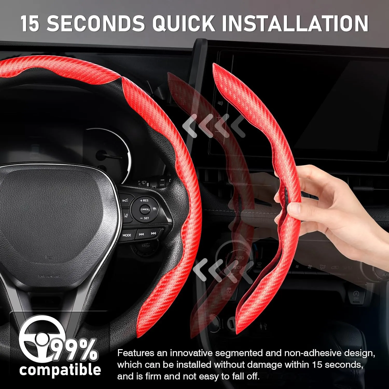 3 Piece Carbon Fiber Steering Wheel Cover, Car Steering Wheel Cover for Men/Women, Anti-Slip, Comfortable Grip, Durable, Universal for 99% Car Interior Accessories (Red)