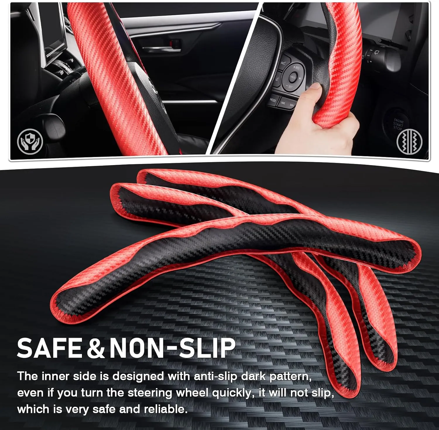 3 Piece Carbon Fiber Steering Wheel Cover, Car Steering Wheel Cover for Men/Women, Anti-Slip, Comfortable Grip, Durable, Universal for 99% Car Interior Accessories (Red)
