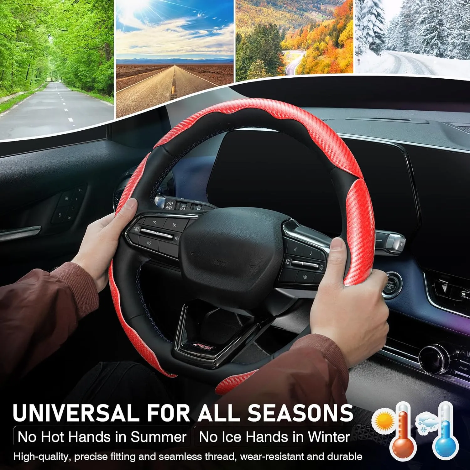 3 Piece Carbon Fiber Steering Wheel Cover, Car Steering Wheel Cover for Men/Women, Anti-Slip, Comfortable Grip, Durable, Universal for 99% Car Interior Accessories (Red)