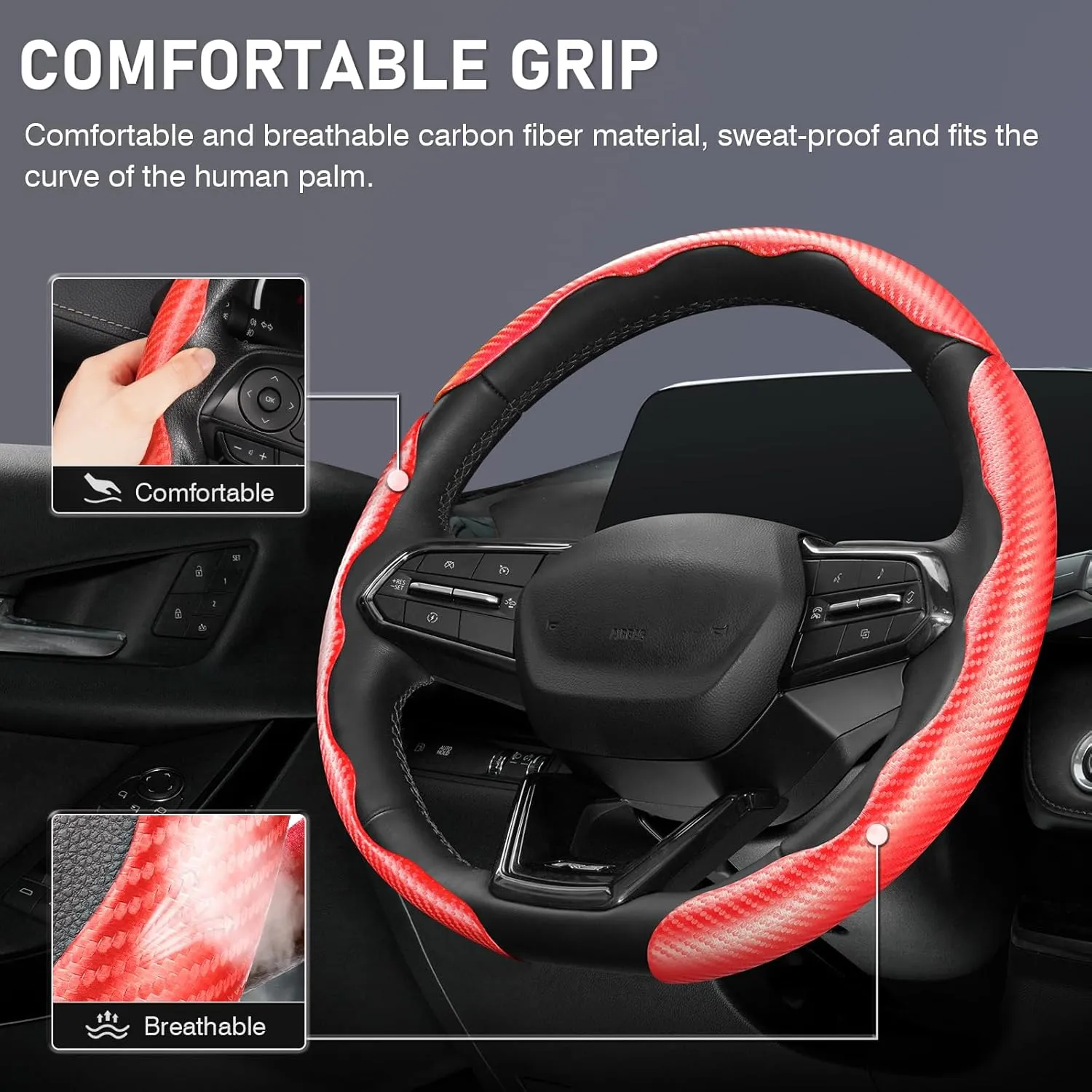 3 Piece Carbon Fiber Steering Wheel Cover, Car Steering Wheel Cover for Men/Women, Anti-Slip, Comfortable Grip, Durable, Universal for 99% Car Interior Accessories (Red)