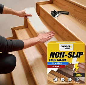 32"x4" Clear Non-Slip Stair Treads for Wooden Steps (18-Pack) - Self Adhesive Strips - Transparent Indoor