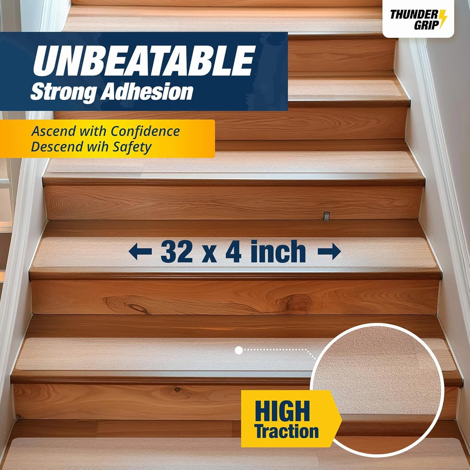 32"x4" Clear Non-Slip Stair Treads for Wooden Steps (18-Pack) - Self Adhesive Strips - Transparent Indoor