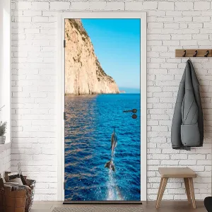 3D Door Mural Dolphin Jumping Out Water Karpathos Island Greece Peel and Stick Vinyl Wallpaper Self-Adhesive Door Sticker Wall Decals Poster Modern Decor, 30.3" x 78.7"