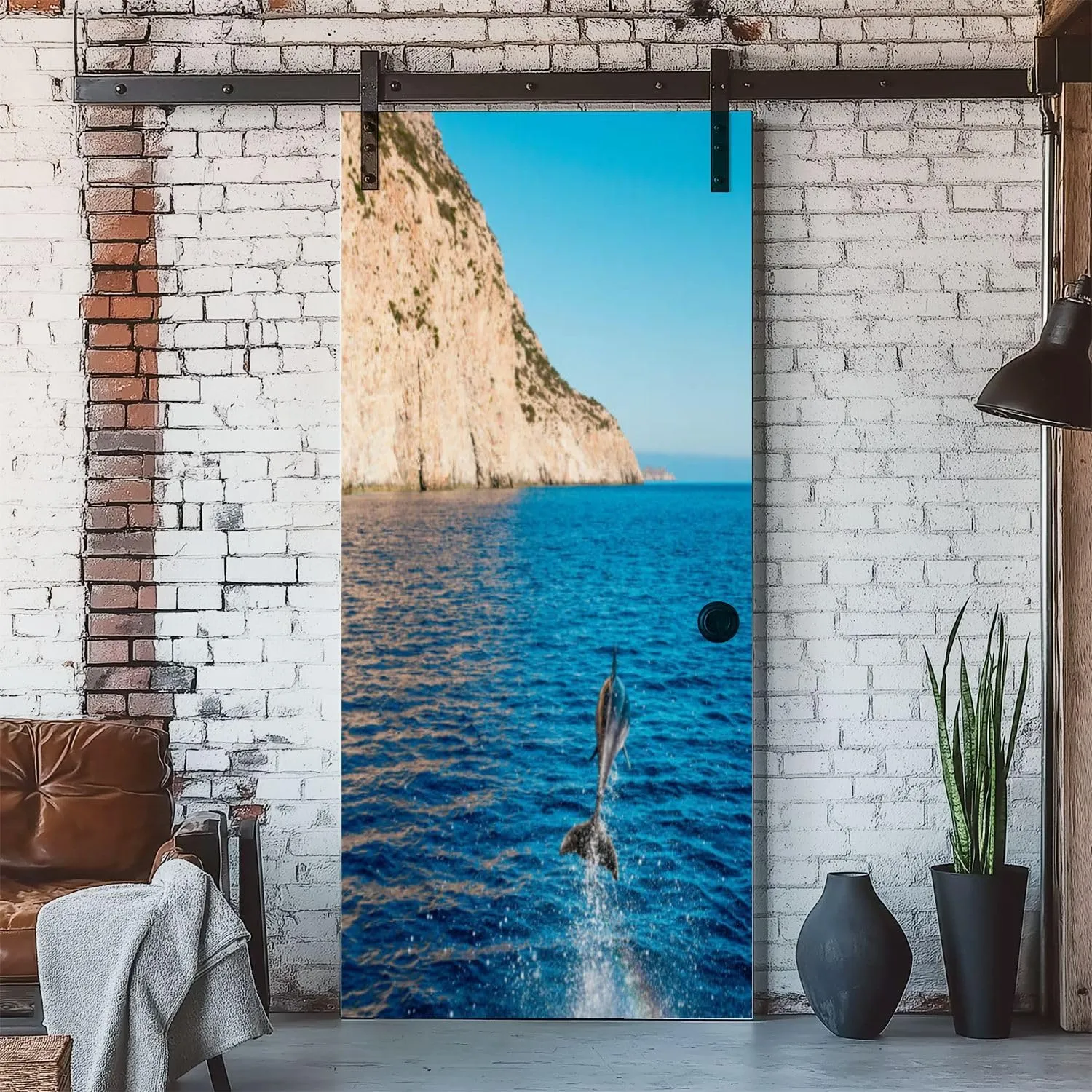 3D Door Mural Dolphin Jumping Out Water Karpathos Island Greece Peel and Stick Vinyl Wallpaper Self-Adhesive Door Sticker Wall Decals Poster Modern Decor, 30.3" x 78.7"