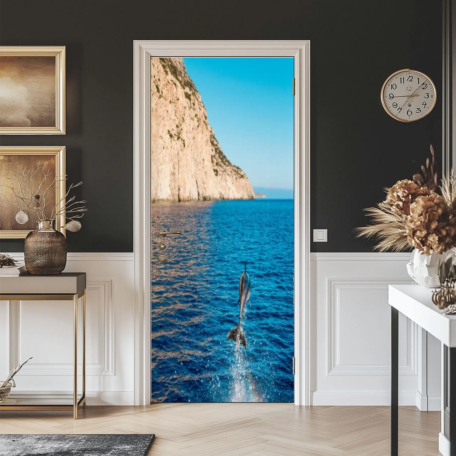 3D Door Mural Dolphin Jumping Out Water Karpathos Island Greece Peel and Stick Vinyl Wallpaper Self-Adhesive Door Sticker Wall Decals Poster Modern Decor, 30.3" x 78.7"