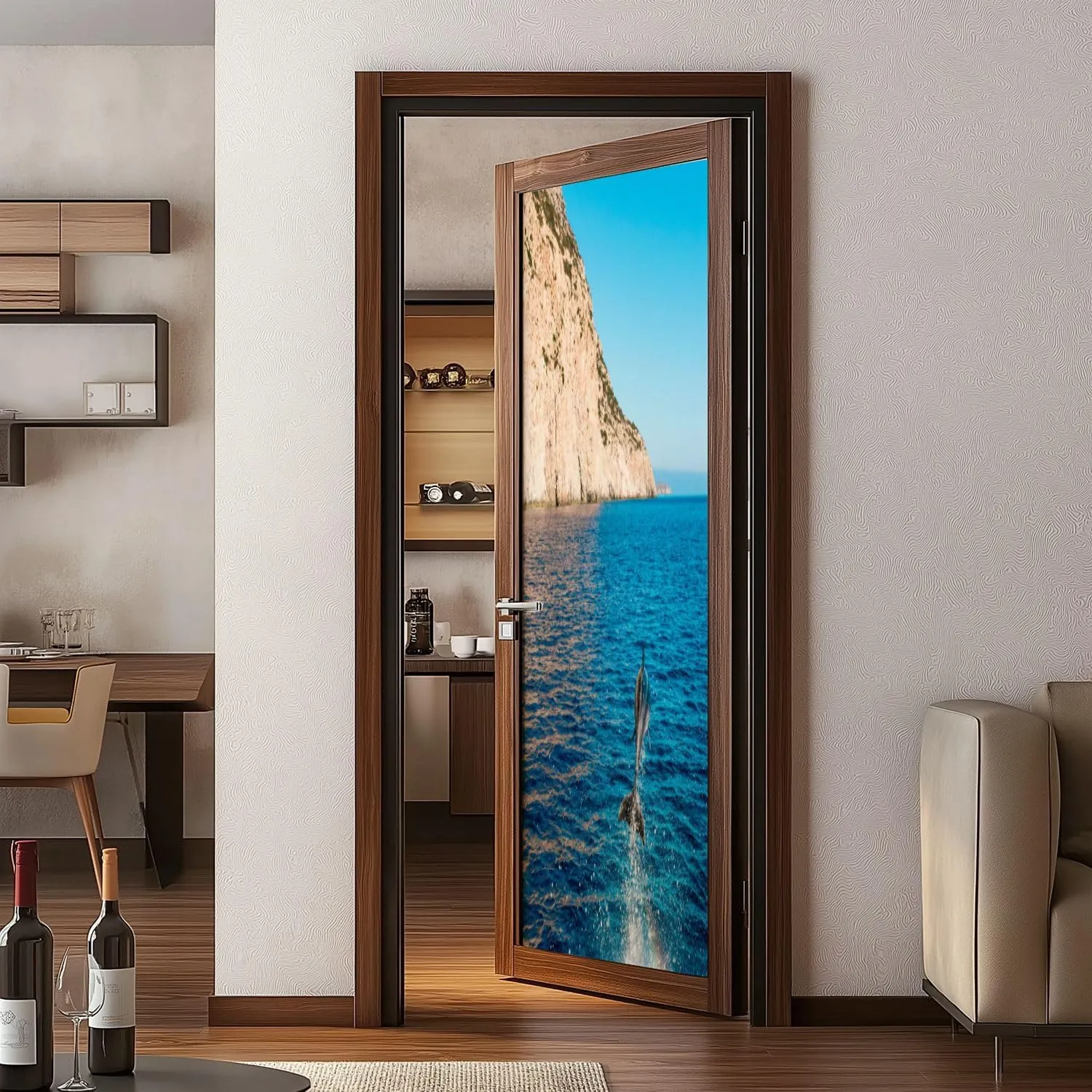3D Door Mural Dolphin Jumping Out Water Karpathos Island Greece Peel and Stick Vinyl Wallpaper Self-Adhesive Door Sticker Wall Decals Poster Modern Decor, 30.3" x 78.7"