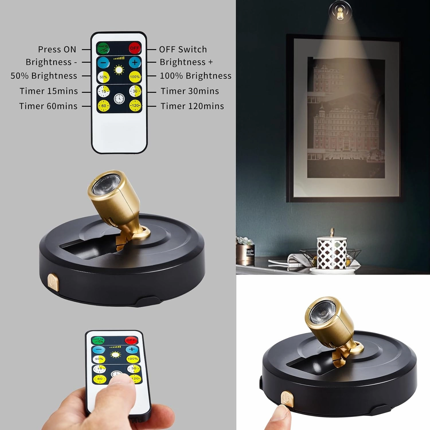 4-Pack Battery Powered LED Spotlight, Wireless Picture Lights, Uplighting Indoor, Puck Lights with Remote, Stick Spot Lights for Wall Art Display Dartboard Painting Artwork Closet Accent