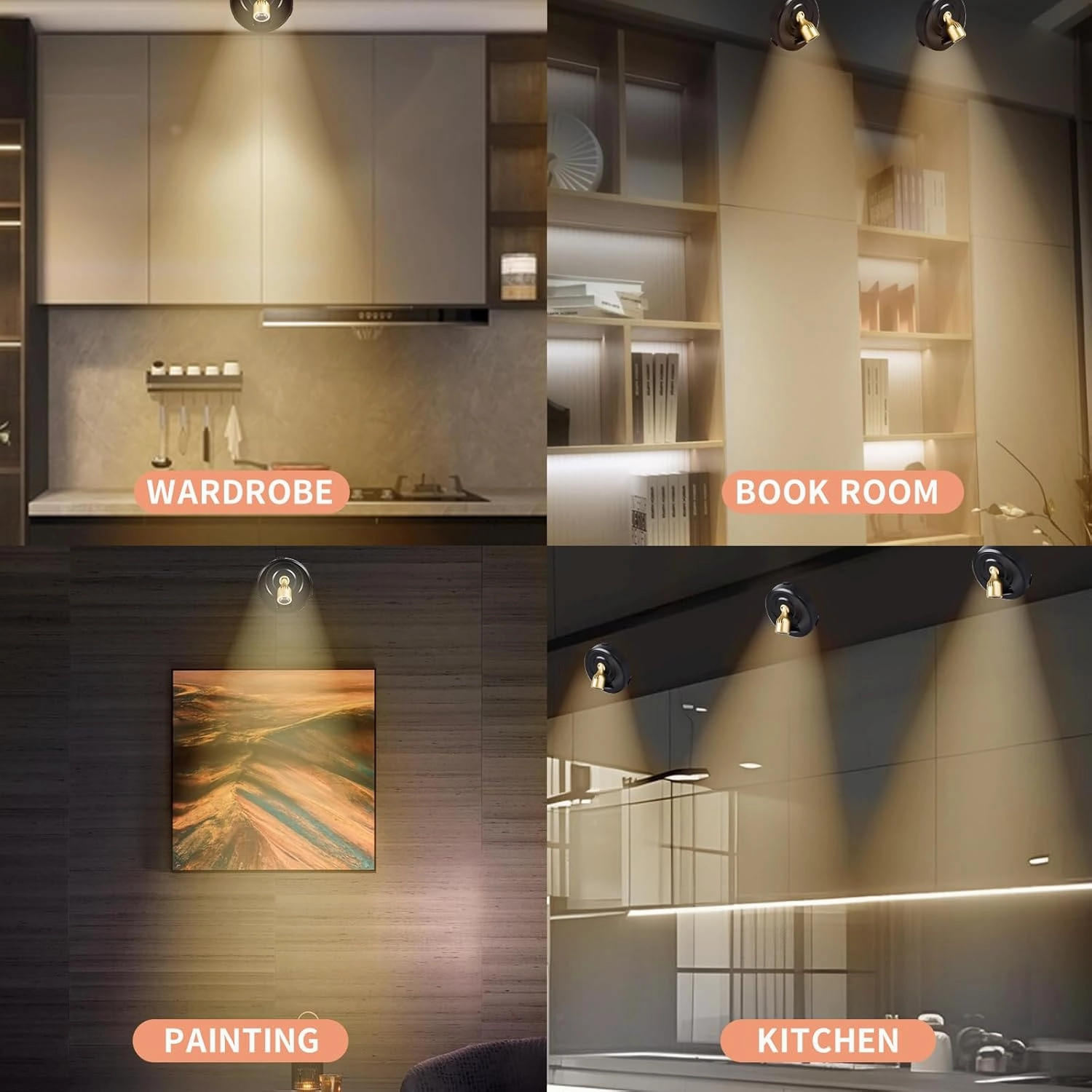 4-Pack Battery Powered LED Spotlight, Wireless Picture Lights, Uplighting Indoor, Puck Lights with Remote, Stick Spot Lights for Wall Art Display Dartboard Painting Artwork Closet Accent