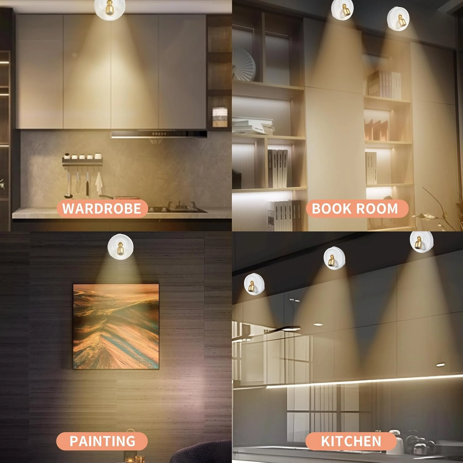 4-Pack LED Spotlight Battery Operated Picture Lights, Wireless Puck Lights with 2 Remote, Dimmable Stick Spotlights with Timmer for Wall Display Painting Dartboard Artwork Accent Closet