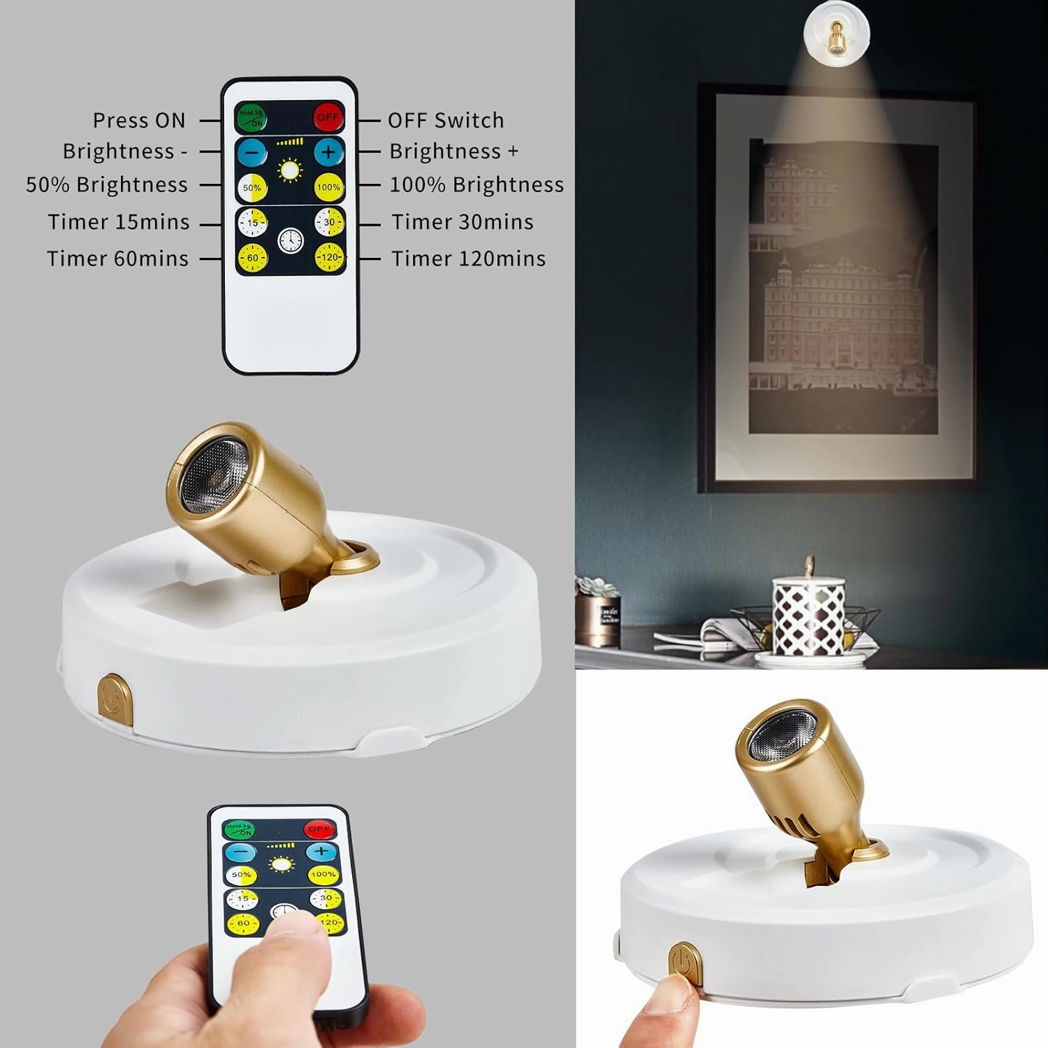 4-Pack LED Spotlight Battery Operated Picture Lights, Wireless Puck Lights with 2 Remote, Dimmable Stick Spotlights with Timmer for Wall Display Painting Dartboard Artwork Accent Closet