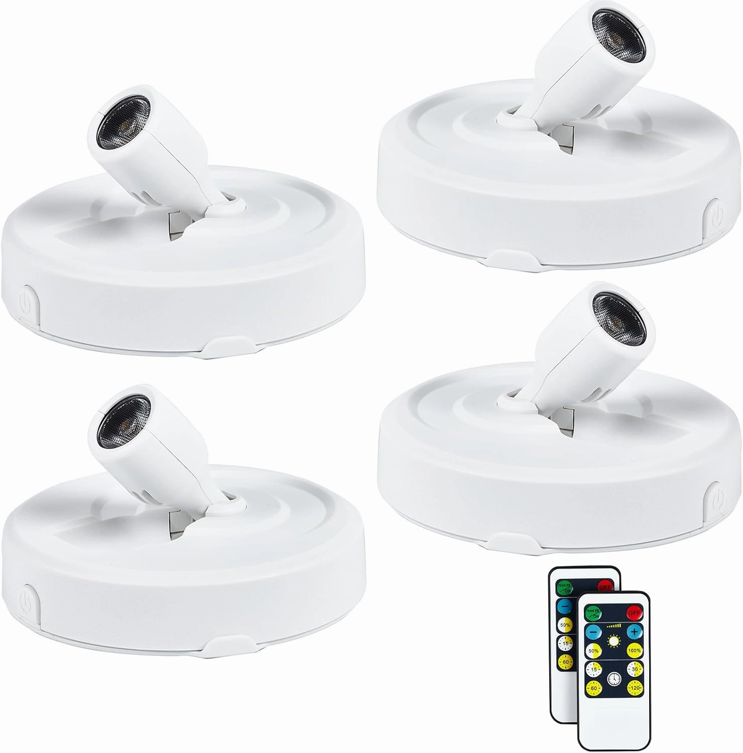 4 Pack Wireless LED Spotlight Battery Operated Picture Puck Lights with 2 Remote, Dimmable Stick Spot Lights with Timmer for Wall Display Painting Dartboard Artwork Accent Closet