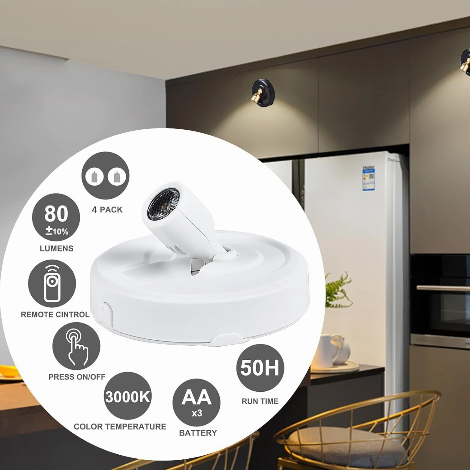 4 Pack Wireless LED Spotlight Battery Operated Picture Puck Lights with 2 Remote, Dimmable Stick Spot Lights with Timmer for Wall Display Painting Dartboard Artwork Accent Closet