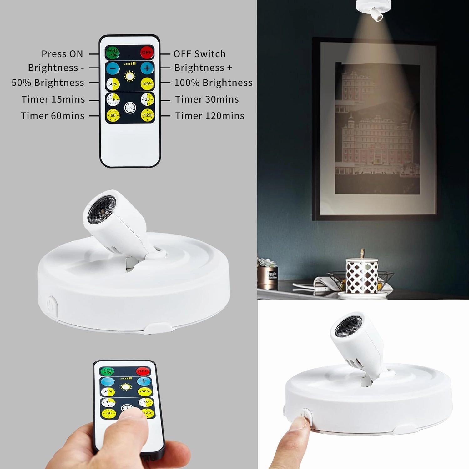 4 Pack Wireless LED Spotlight Battery Operated Picture Puck Lights with 2 Remote, Dimmable Stick Spot Lights with Timmer for Wall Display Painting Dartboard Artwork Accent Closet