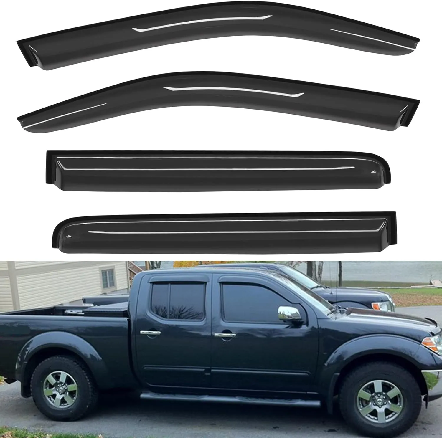 4pcs Front Rear Smoke Sun/Rain Guard Outside Mount Tape-On Window Visors Compatible with 05-18 Frontier Crew Cab with 4 Full Size Doors