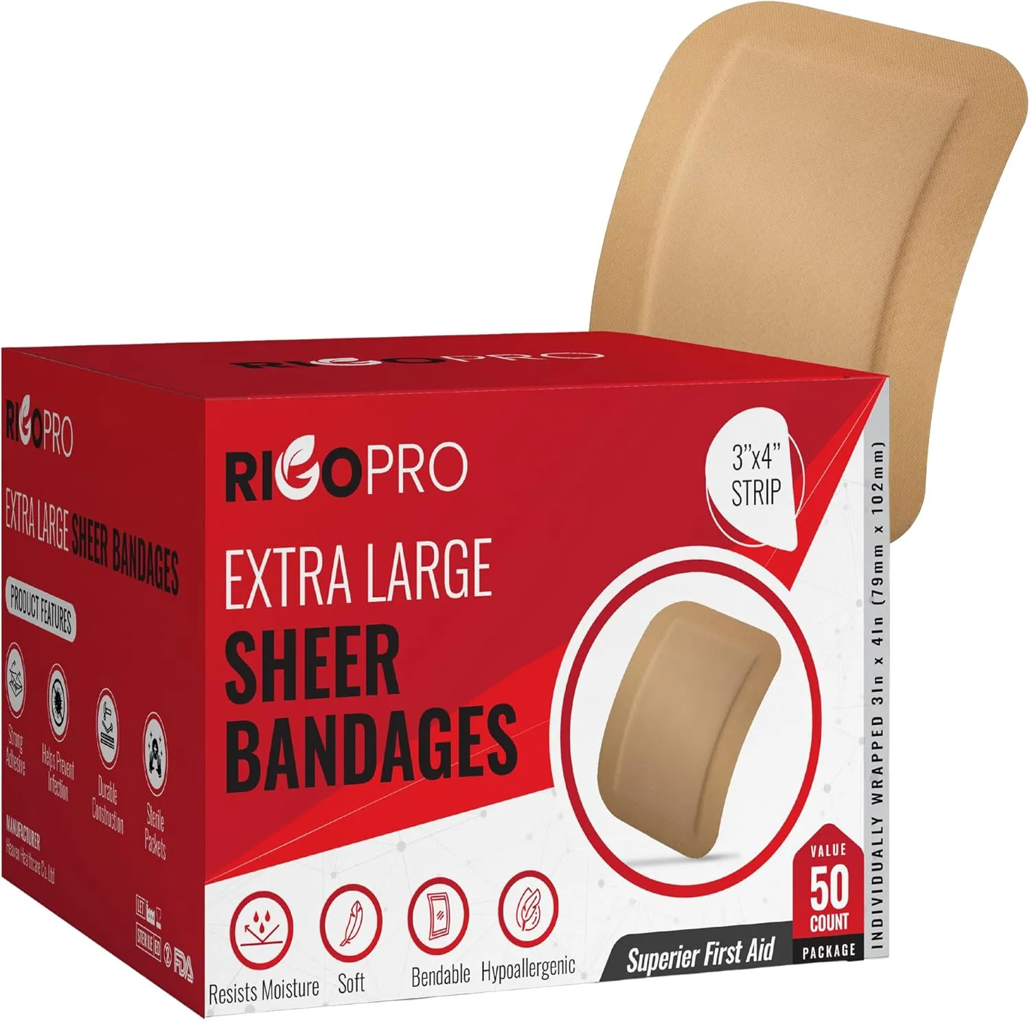 50 Pack 3”x4” Extra Large Band Aids, Latex-Free Adhesive Bandages, Large Bandages for Wounds on Elbows, Knees, and More, Moisture-Wicking Wound Dressings and Bandages