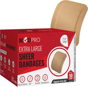 50 Pack 3”x4” Extra Large Band Aids, Latex-Free Adhesive Bandages, Large Bandages for Wounds on Elbows, Knees, and More, Moisture-Wicking Wound Dressings and Bandages