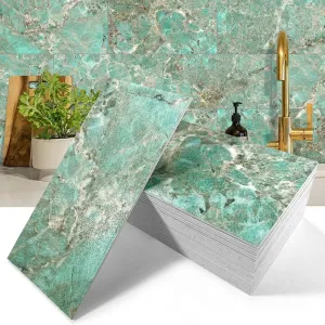 50-Pieces Thick PVC Subway Tile,4"x 8" Peel and Stick Backsplash Wall Tiles,Turquoise Marble Self-Adhesive Backsplash for Kitchen,Bathroom,Living Rooms,Fireplace,RV(11.11 Sq. Ft. Coverage)