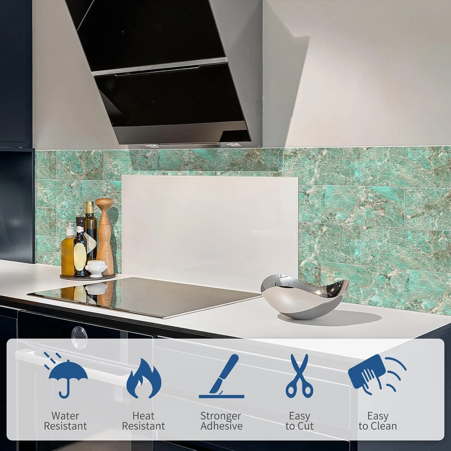 50-Pieces Thick PVC Subway Tile,4"x 8" Peel and Stick Backsplash Wall Tiles,Turquoise Marble Self-Adhesive Backsplash for Kitchen,Bathroom,Living Rooms,Fireplace,RV(11.11 Sq. Ft. Coverage)
