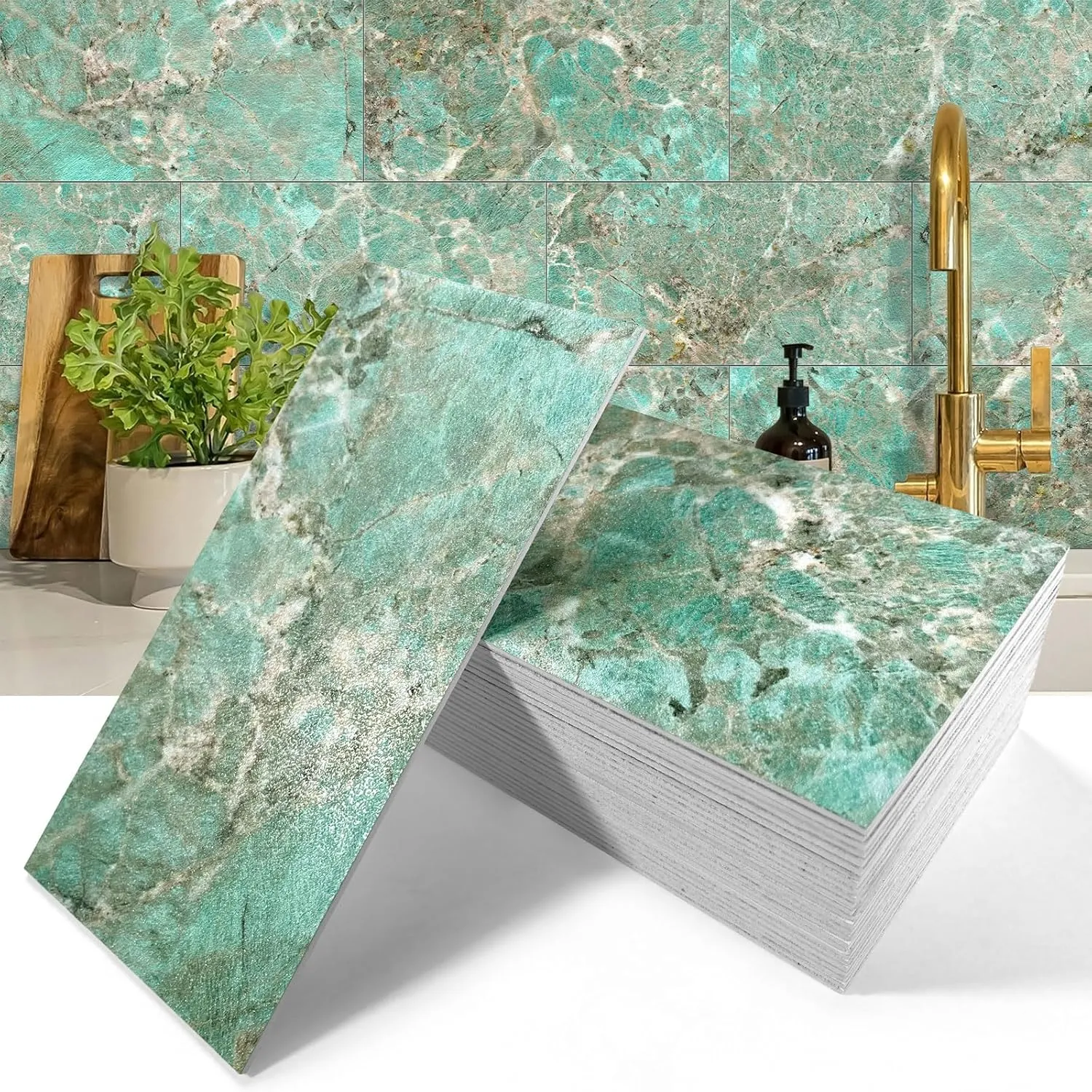 50-Pieces Thick PVC Subway Tile,4"x 8" Peel and Stick Backsplash Wall Tiles,Turquoise Marble Self-Adhesive Backsplash for Kitchen,Bathroom,Living Rooms,Fireplace,RV(11.11 Sq. Ft. Coverage)