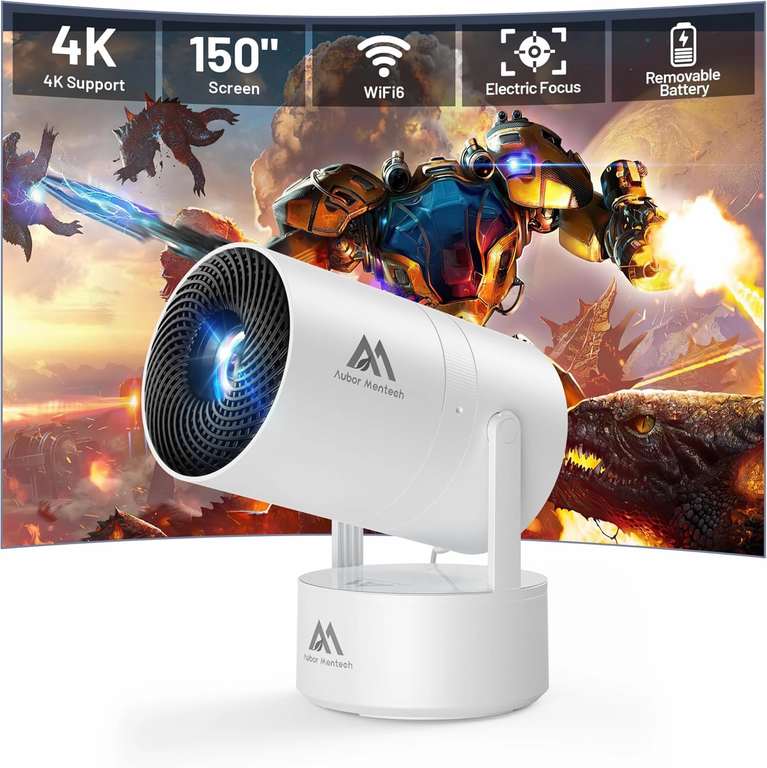 [Built-in Battery] Mini Projector with Wifi and Bluetooth, 4K 1080P Supported 270° Rotatable 150'' Screen Auto Keystone Home Outdoor Projector Portable Smart Projector for Phone/TV/Laptop/HDMI, White