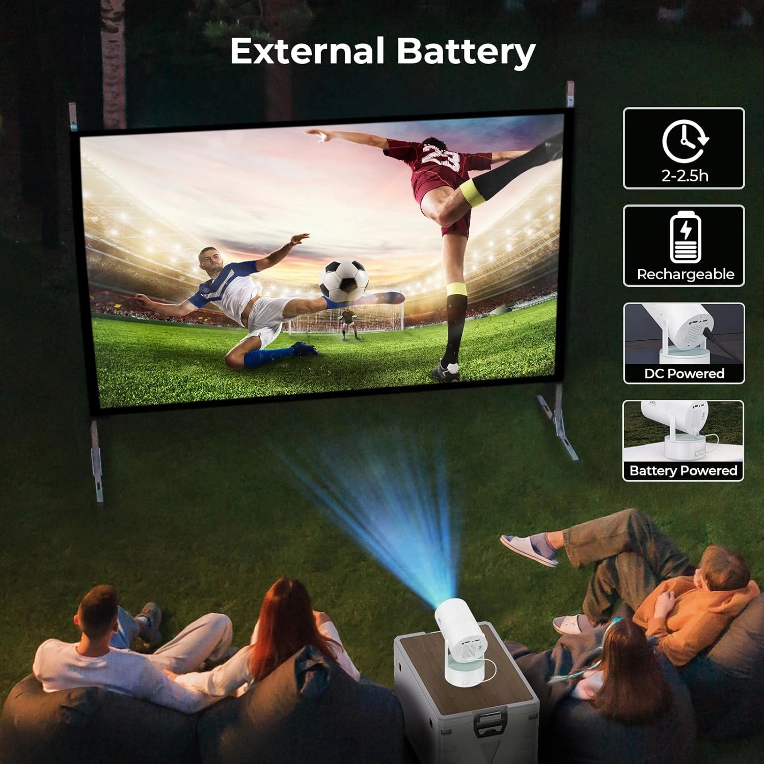 [Built-in Battery] Mini Projector with Wifi and Bluetooth, 4K 1080P Supported 270° Rotatable 150'' Screen Auto Keystone Home Outdoor Projector Portable Smart Projector for Phone/TV/Laptop/HDMI, White