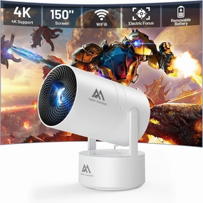 [Built-in Battery] Mini Projector with Wifi and Bluetooth, 4K 1080P Supported 270° Rotatable 150'' Screen Auto Keystone Home Outdoor Projector Portable Smart Projector for Phone/TV/Laptop/HDMI, White