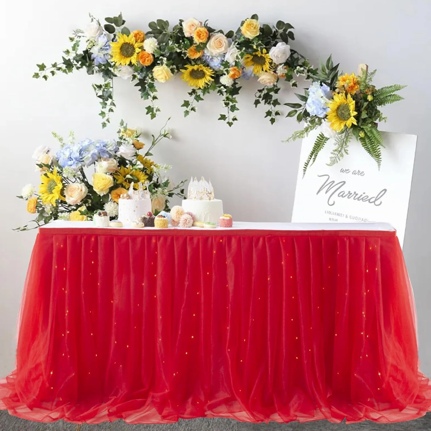 Abassa Red Tulle Table Skirt for Rectangle or Round Tables 9ft Tutu Table Skirt with LED Light Baby Shower Tablecloth for Birthday Party Cake Dessert Table Decorations (Red, L9(ft)*H 30in)