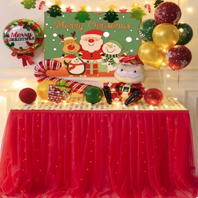 Abassa Red Tulle Table Skirt for Rectangle or Round Tables 9ft Tutu Table Skirt with LED Light Baby Shower Tablecloth for Birthday Party Cake Dessert Table Decorations (Red, L9(ft)*H 30in)