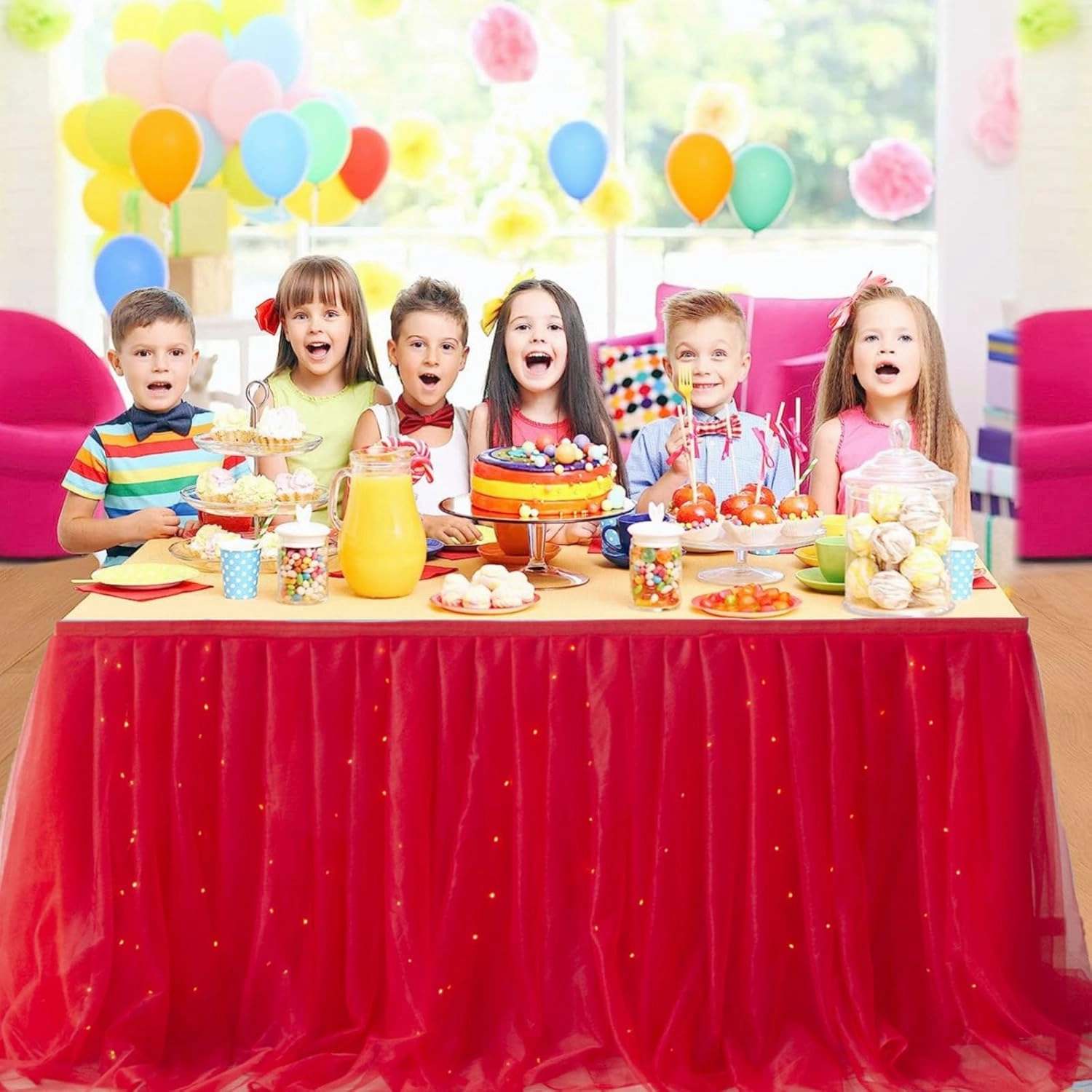 Abassa Red Tulle Table Skirt for Rectangle or Round Tables 9ft Tutu Table Skirt with LED Light Baby Shower Tablecloth for Birthday Party Cake Dessert Table Decorations (Red, L9(ft)*H 30in)