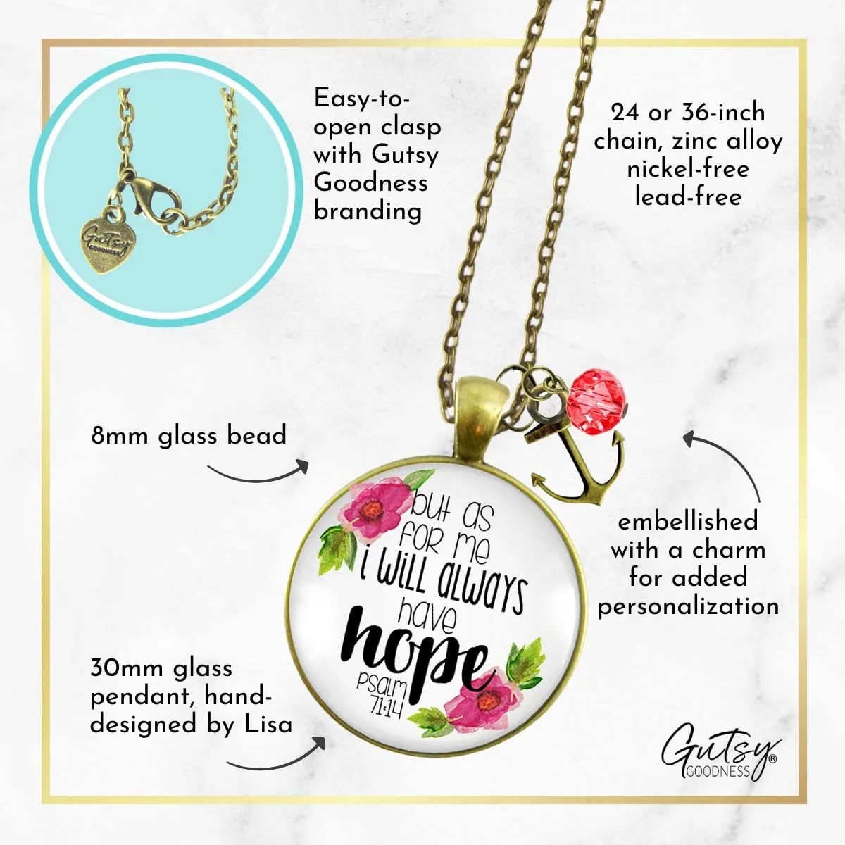 Always Have Hope Bible Necklace Pendant Psalm Quote Theme Anchor 24"