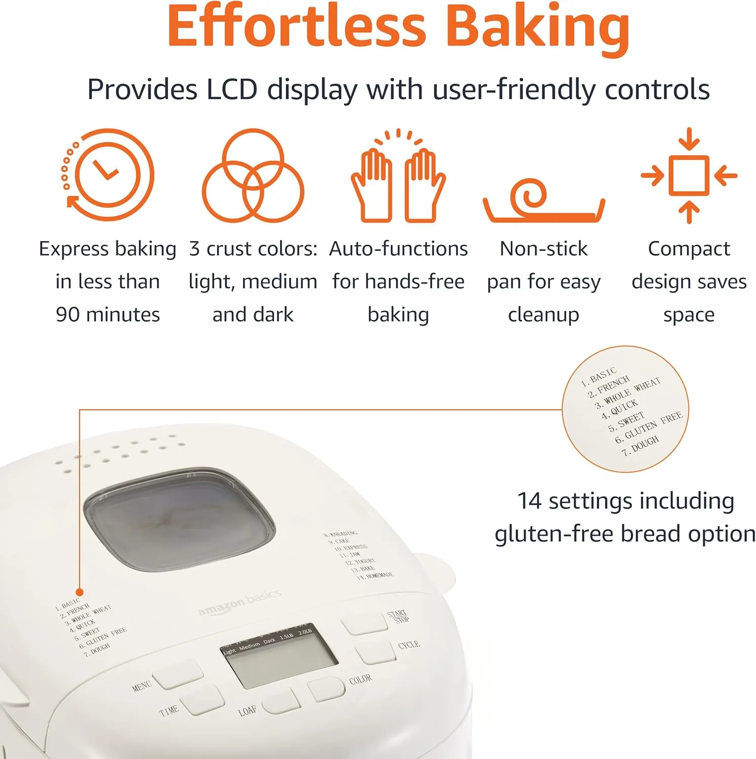 Amazon Basics Programmable Bread Maker, 2lb Non-Stick Automatic Machine, 3 Loaf Sizes, Cake and Yogurt Function, LCD Display, 3 Crust Colors, White