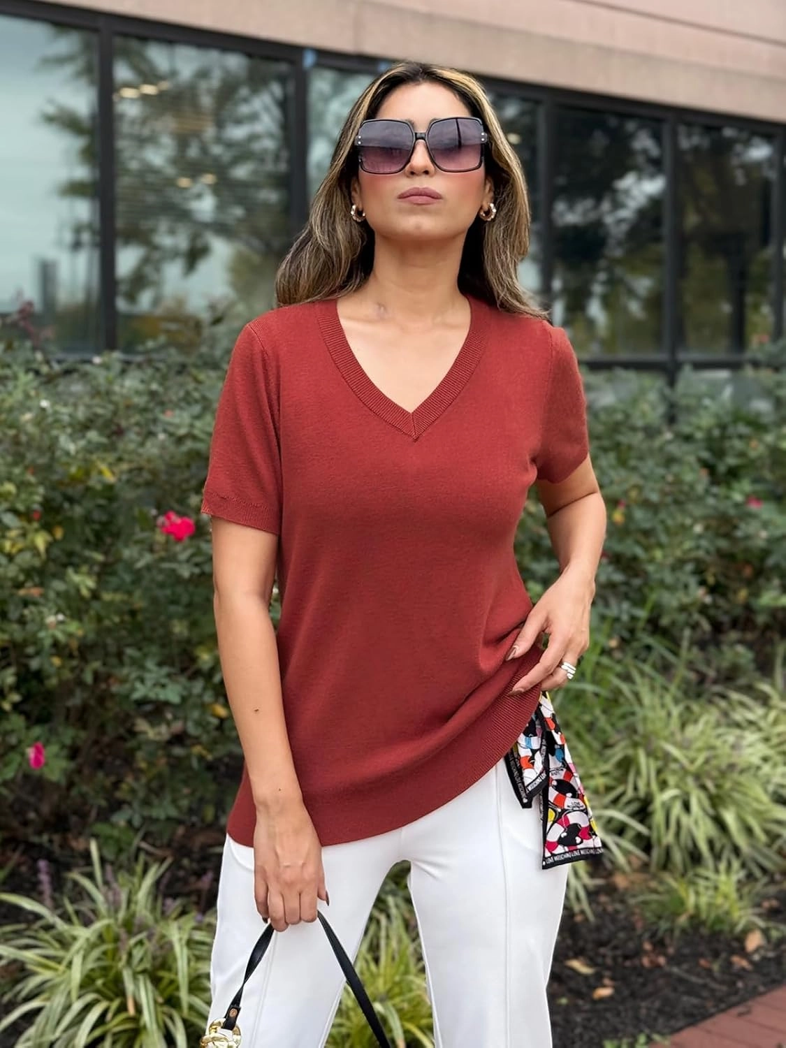 Arach&Cloz 2025 Womens Wool Blend Sweater Soft V Neck Short Sleeve Spring Fashion Pullover Tops Business Casual Outfits