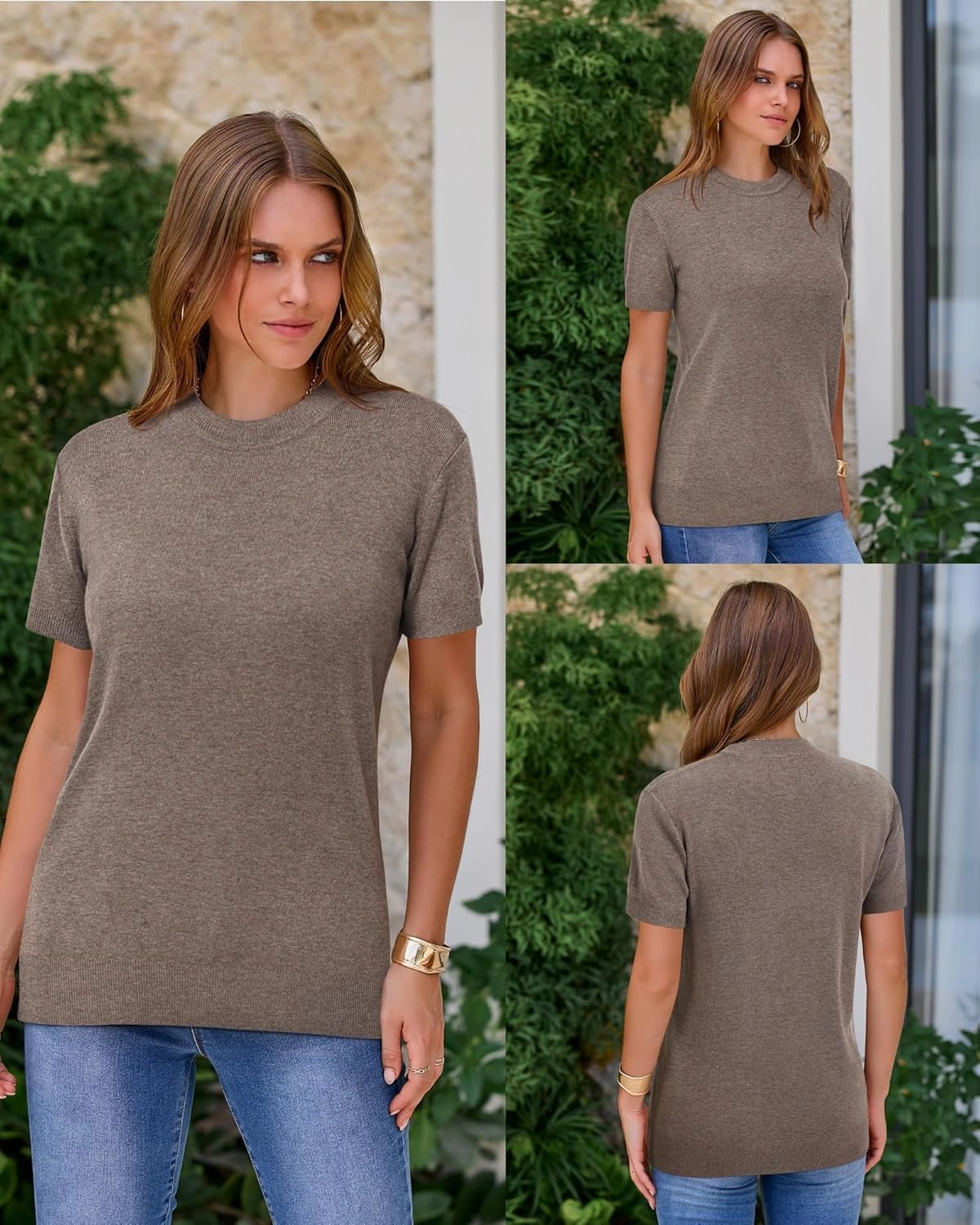 Arach&Cloz Women's Wool Blend Loose Fit Soft Summer Sweater Short Sleeve Crew Neck Casual Pullover Tops Trendy Outfits 2025